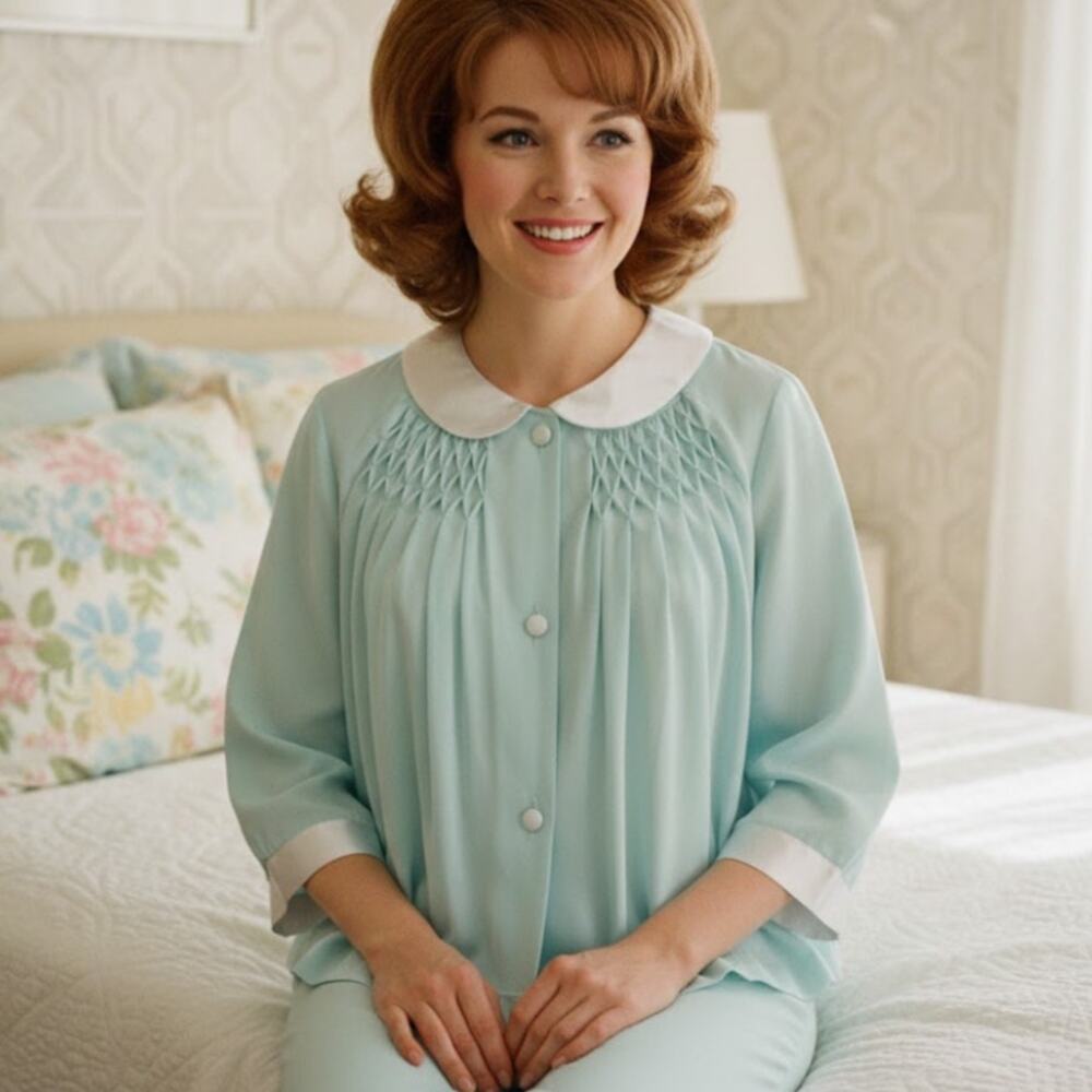 Vintage 50s/60s Nylon Bed Coat Blue Chiffon Bed Jacket Blue Peignoir Set Smocked